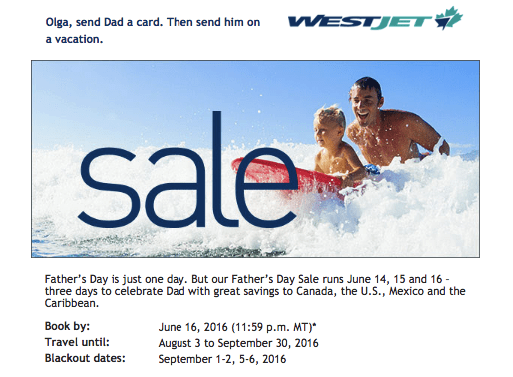 westjet father's day sale